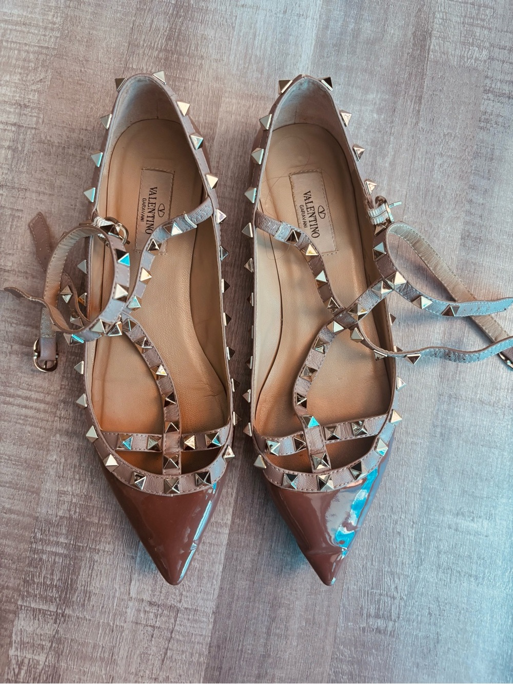 Valentino Brown Patent Leather Rockstud Pointed Flats with Ankle Straps